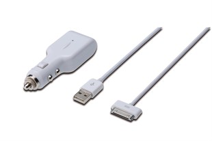 Digitus USB Araç İçi Çakmaklık Şarj Adaptörü  ve Şarj Kablosu,  1 x USB port, Giriş: 12-24V Çıkış: 5V + Apple 30pin Erkek - USB A Erkek Kablo, 1 metre